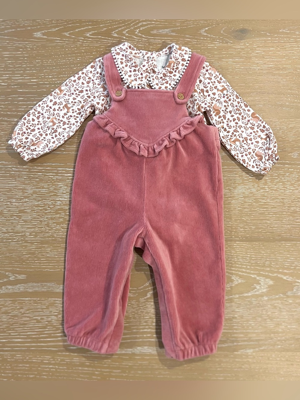 Haute Hippie Baby Girl Woodland Corduroy Overalls 2 Piece Set 3-6M Pink Bow Deer